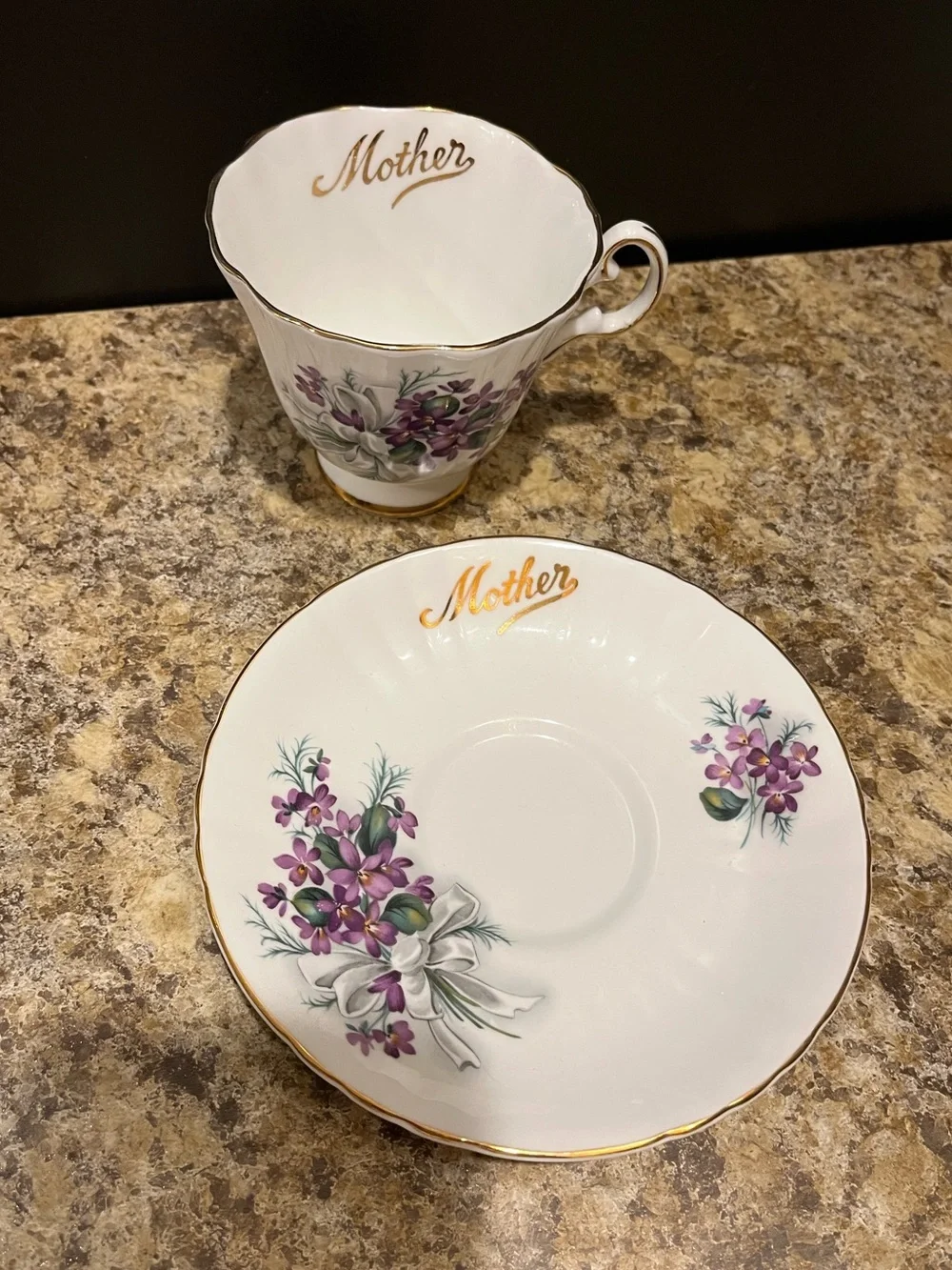 Royal Grafton “Mother” Floral Teacup & Saucer - Purple Violets with Gold Trim